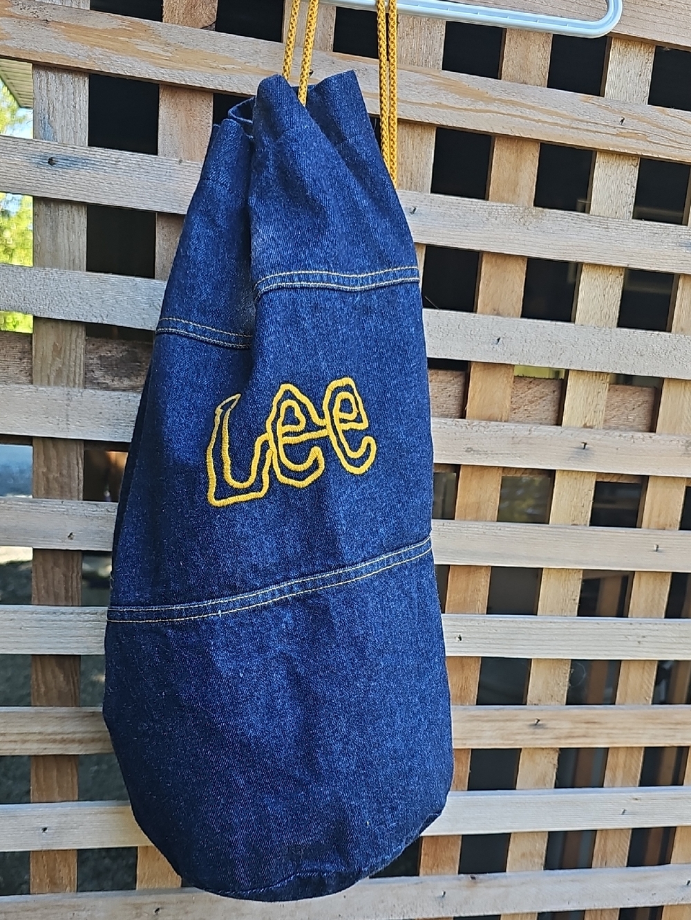 Vintage 70s LEE Denim Drawstring Backpack with Yellow Embroidered Logo